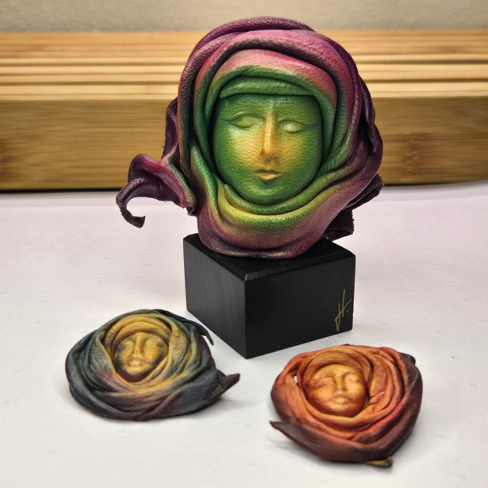 Vintage Signed Sculpted Leather Face Bust & 2 Brooches Set